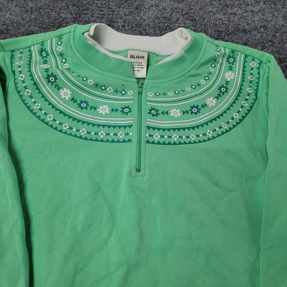 Blair Sweatshirt Womens Size L Green Quarter Zip Floral Yoke Pullover Casual
